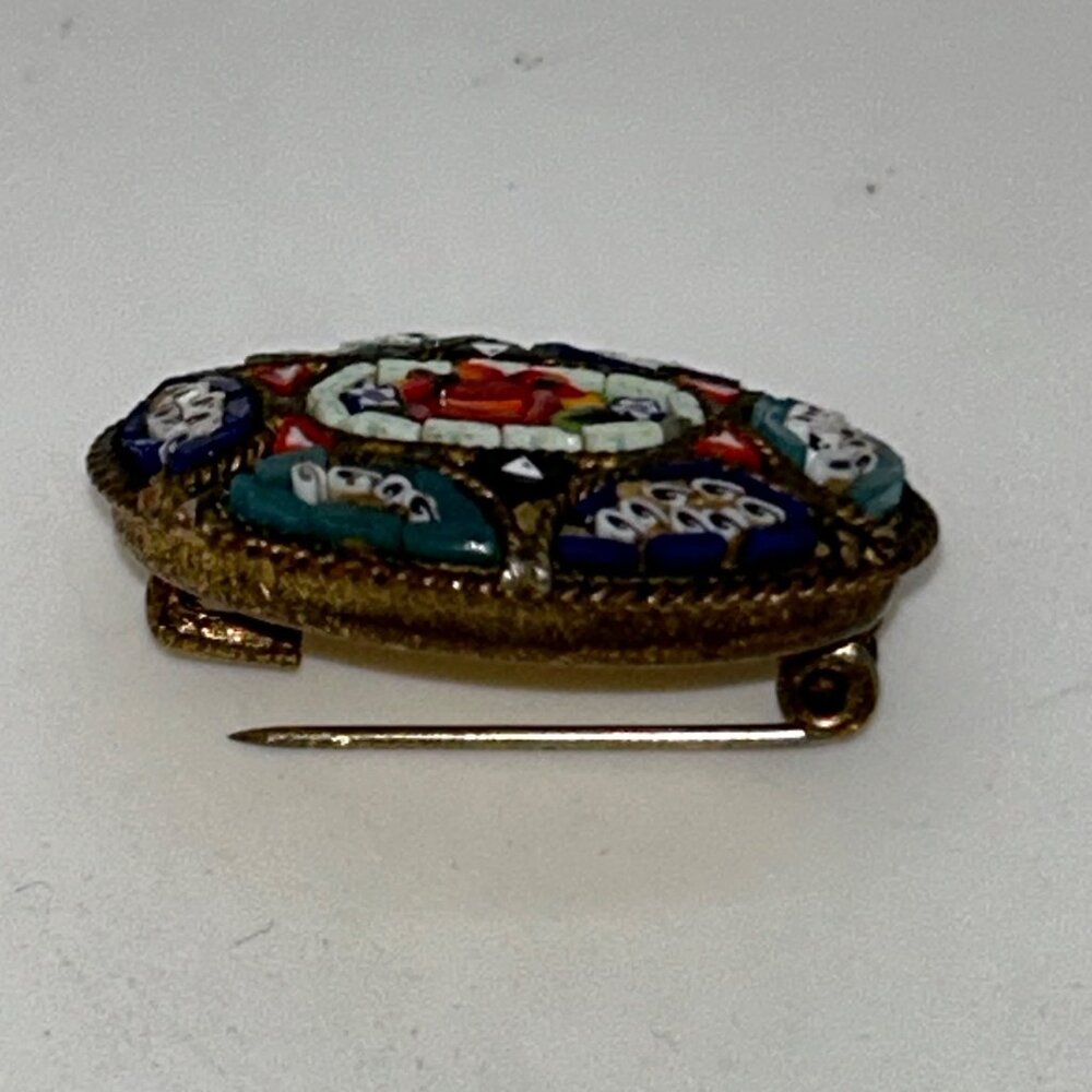 Vintage IMicro Mosaic Oval Brooch Floral Gold-Tone C-Clasp Made in Italy - Picture 5 of 16